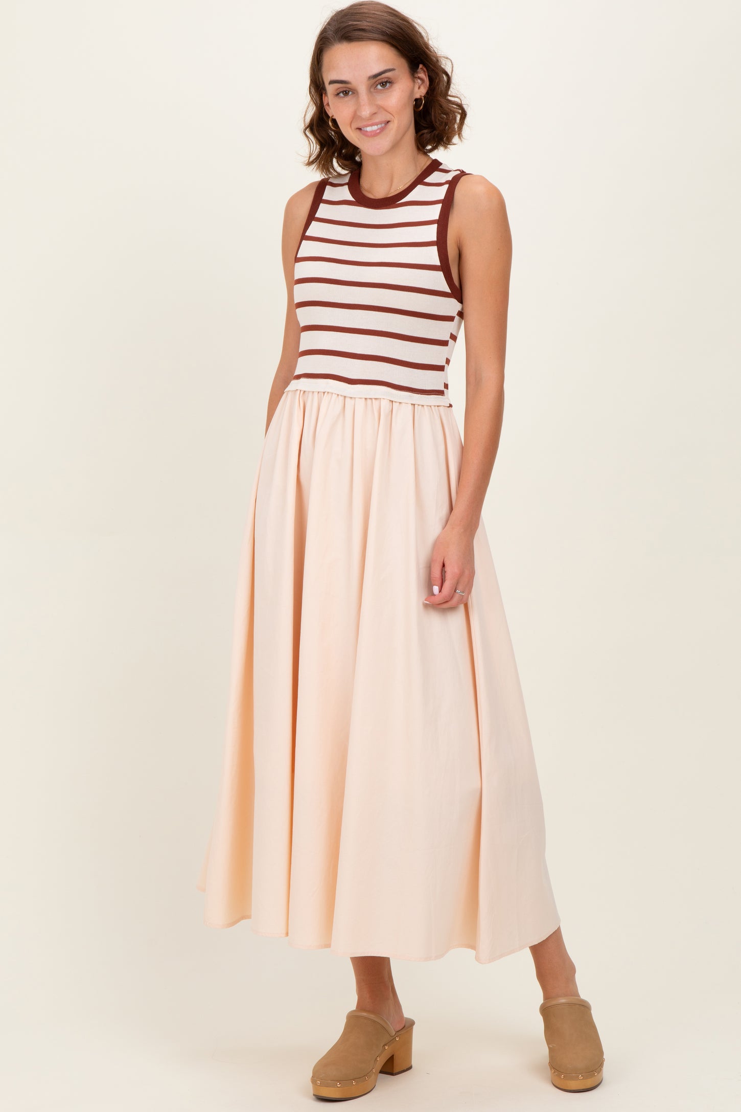 Cream Contrast Striped Bodice Sleeveless Maxi Dress