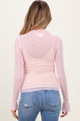 Light Pink Mesh Heart High Neck Long Sleeve Maternity Top