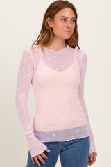 Light Pink Mesh Heart High Neck Long Sleeve Maternity Top