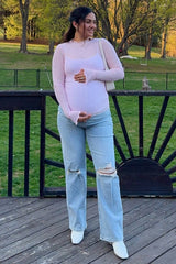 Light Pink Mesh Heart High Neck Long Sleeve Maternity Top