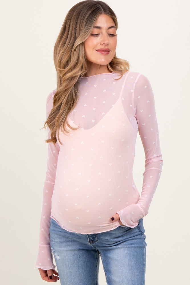 Light Pink Mesh Heart High Neck Long Sleeve Maternity Top
