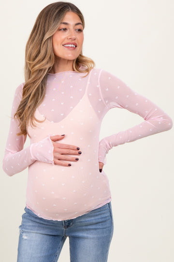Light Pink Mesh Heart High Neck Long Sleeve Maternity Top