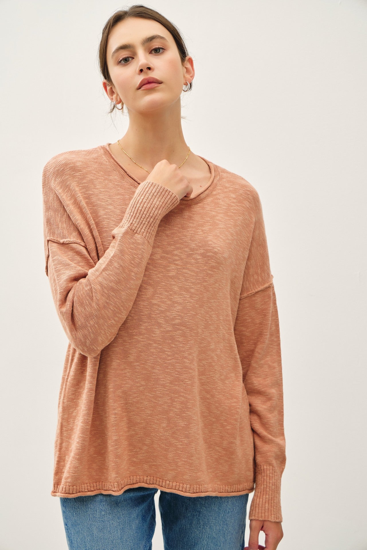 Peach Heather Unfinished Hem Maternity Sweater