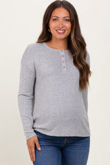 Heather Grey Brushed Knit Henley Maternity Top