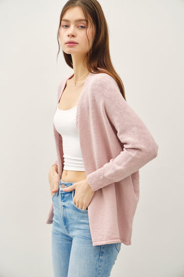 Pink Slub Knit Open Cardigan
