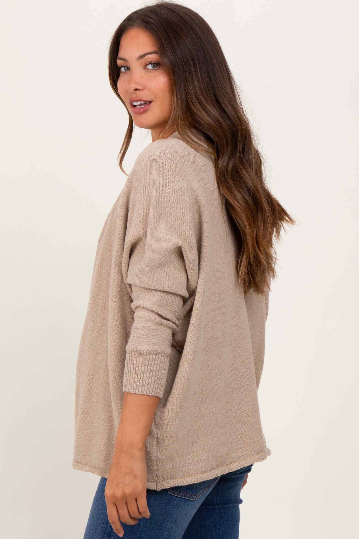 Taupe Slub Knit Open Maternity Cardigan