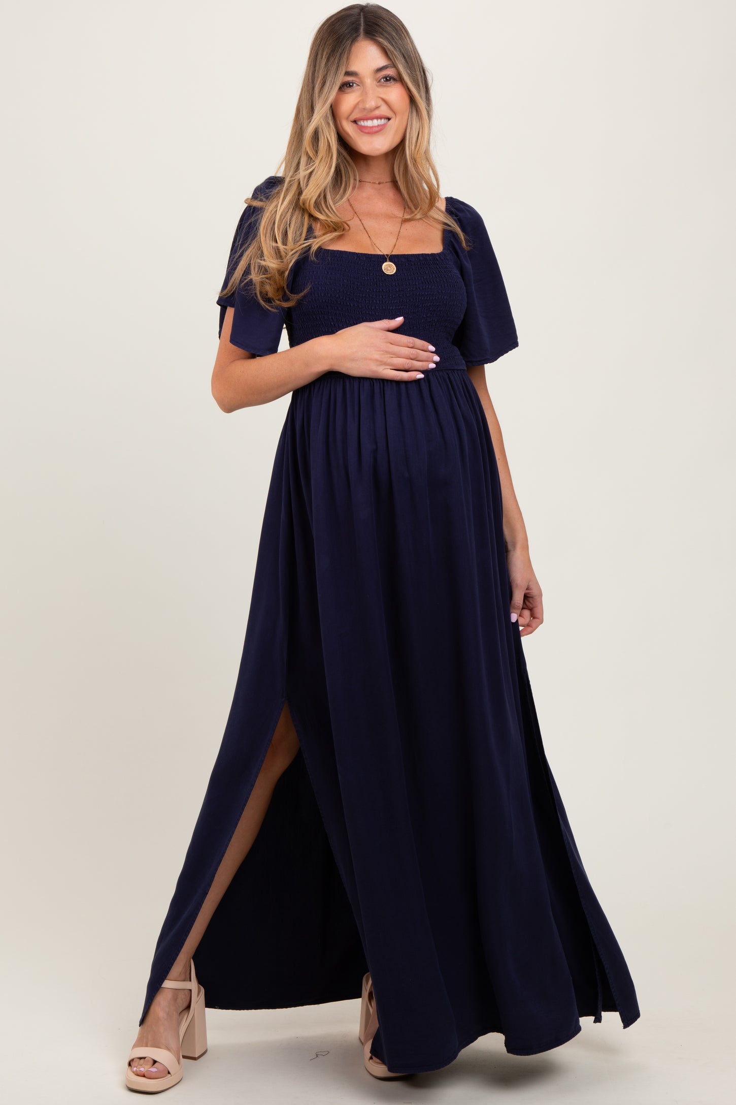 Navy Chambray Smocked Maternity Maxi Dress Navy Chambray Smocked Maternity Maxi Dress