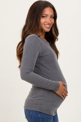 Grey Ribbed Scoop Neck Long Sleeve Maternity Top