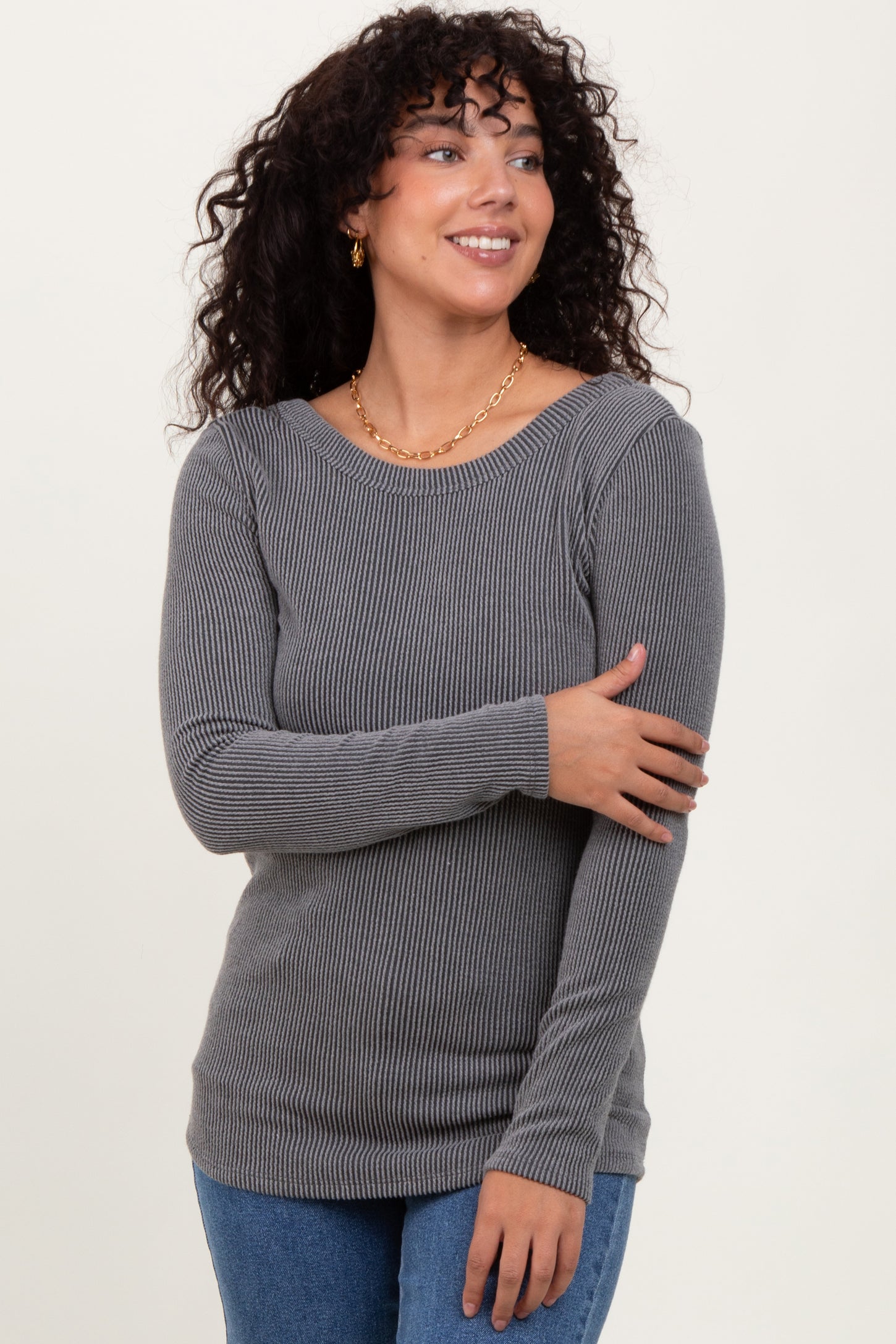 Grey Ribbed Scoop Neck Long Sleeve Top