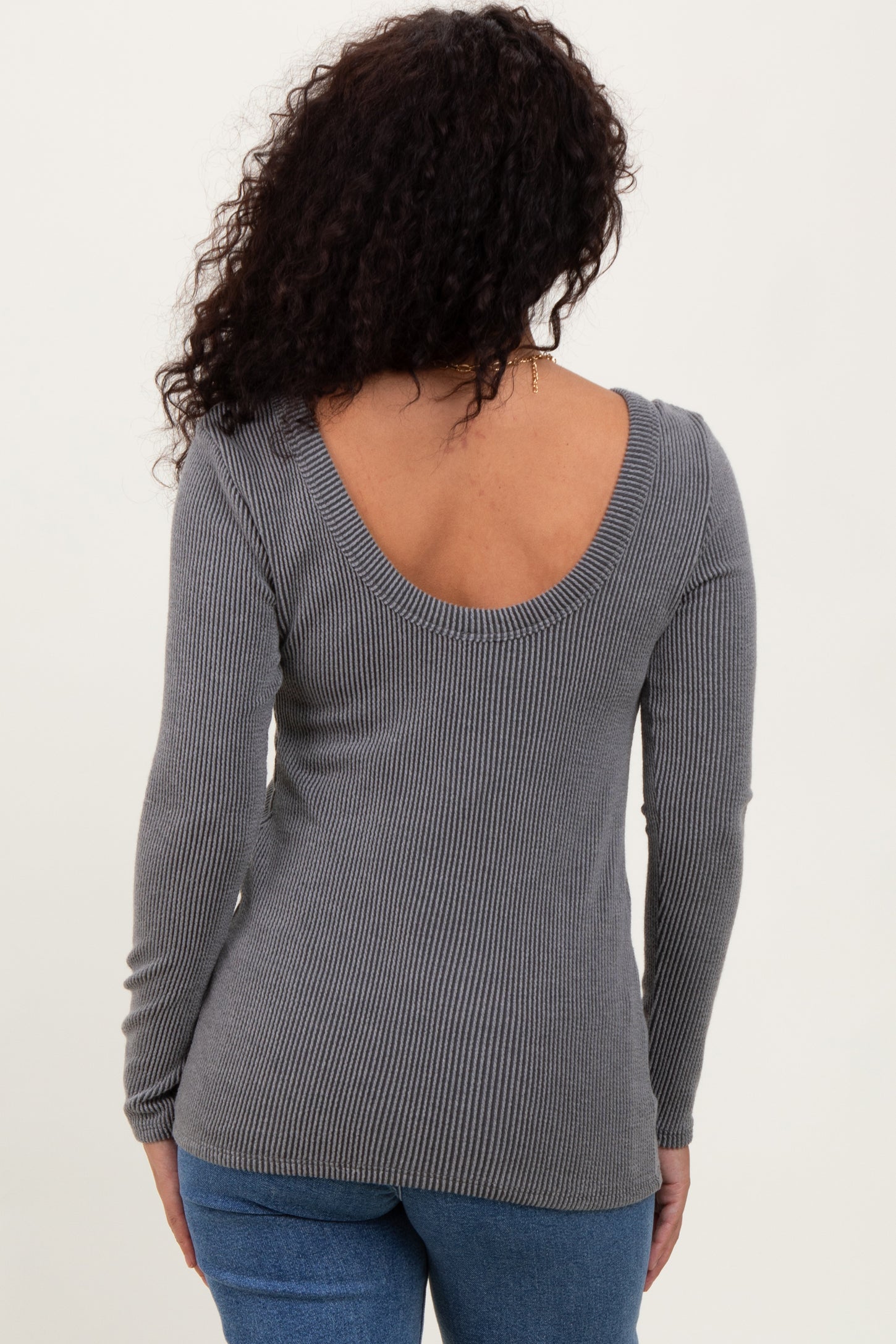 Grey Ribbed Scoop Neck Long Sleeve Top