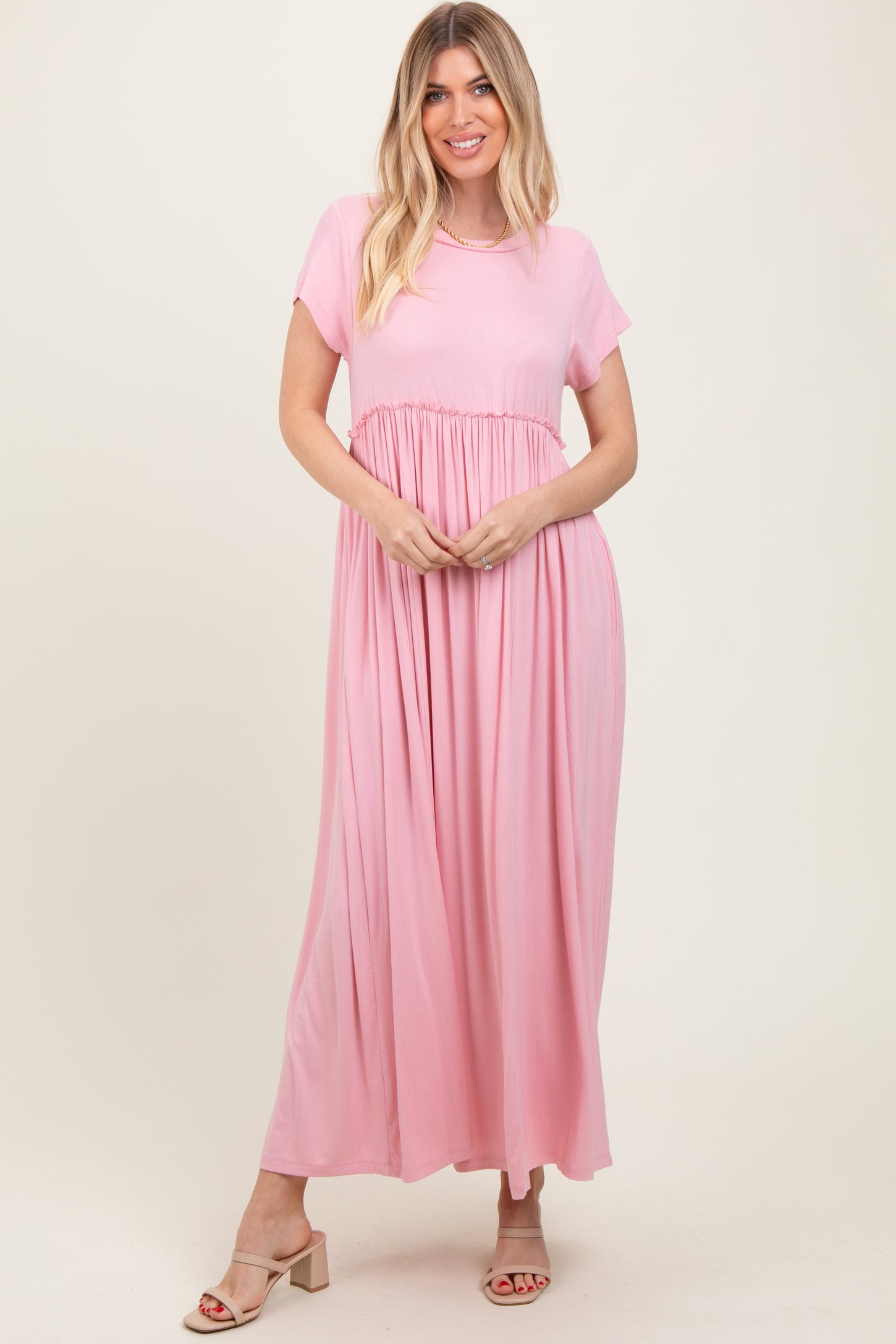 Light Pink Short Sleeve Pocketed Maxi Dress PinkBlush Light Pink Short Sleeve Pocketed Maxi Dress PinkBlush