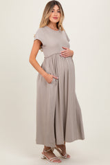 Taupe Ruffle Trim Maternity Maxi Dress
