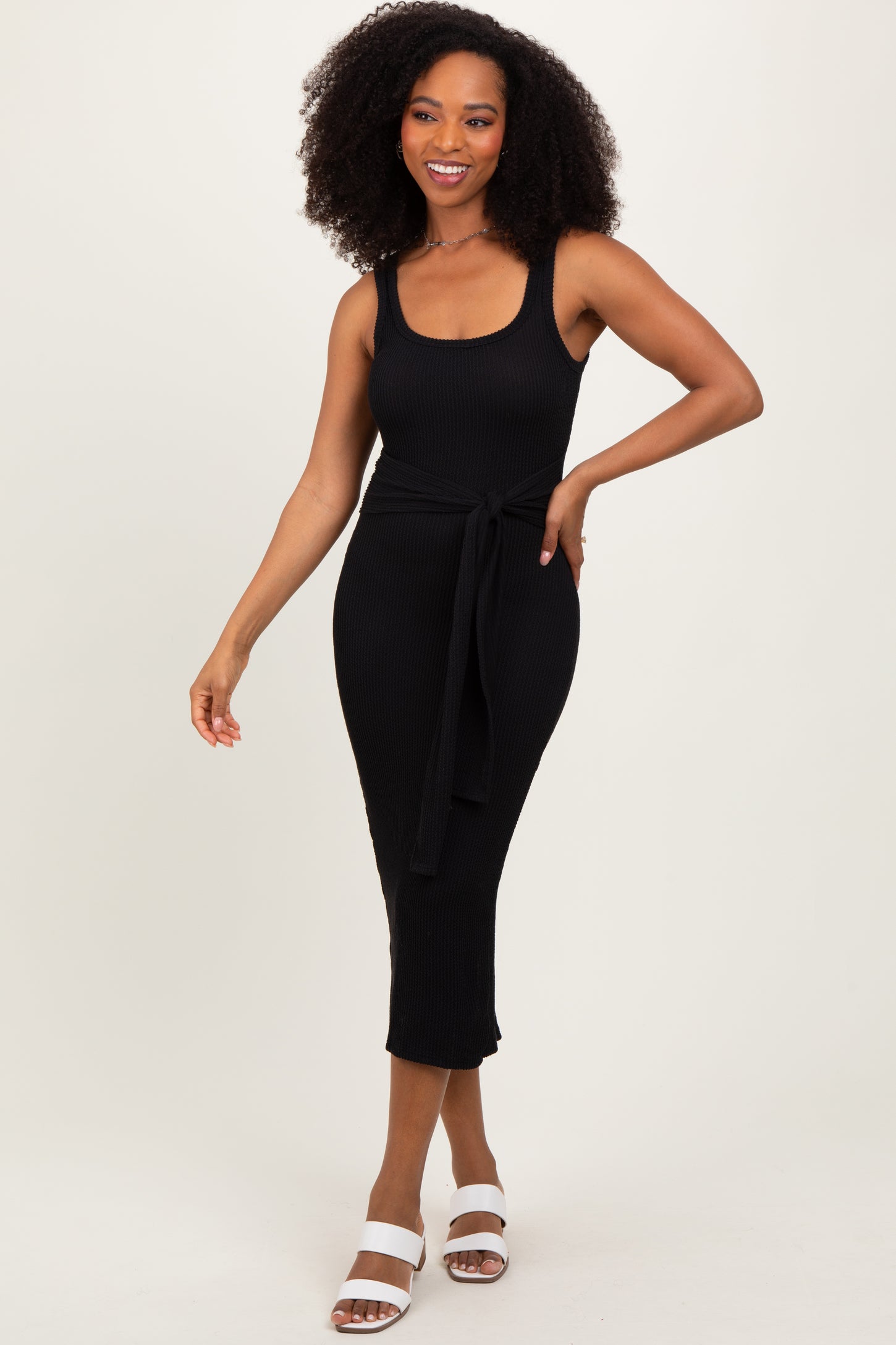 Black Ribbed Front Tie Sleeveless Maternity Midi Dress