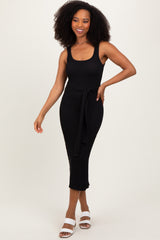 Black Ribbed Front Tie Sleeveless Maternity Midi Dress