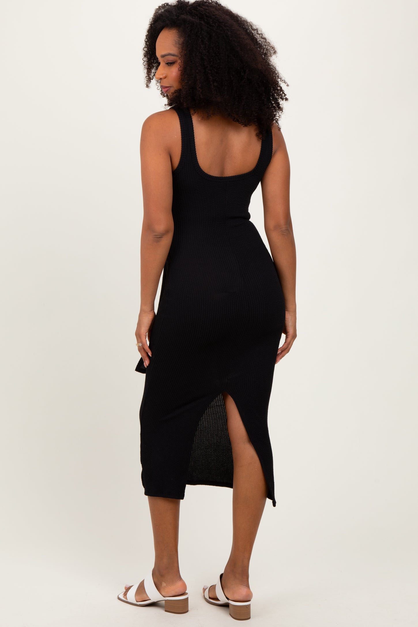 Black Ribbed Front Tie Sleeveless Midi Dress