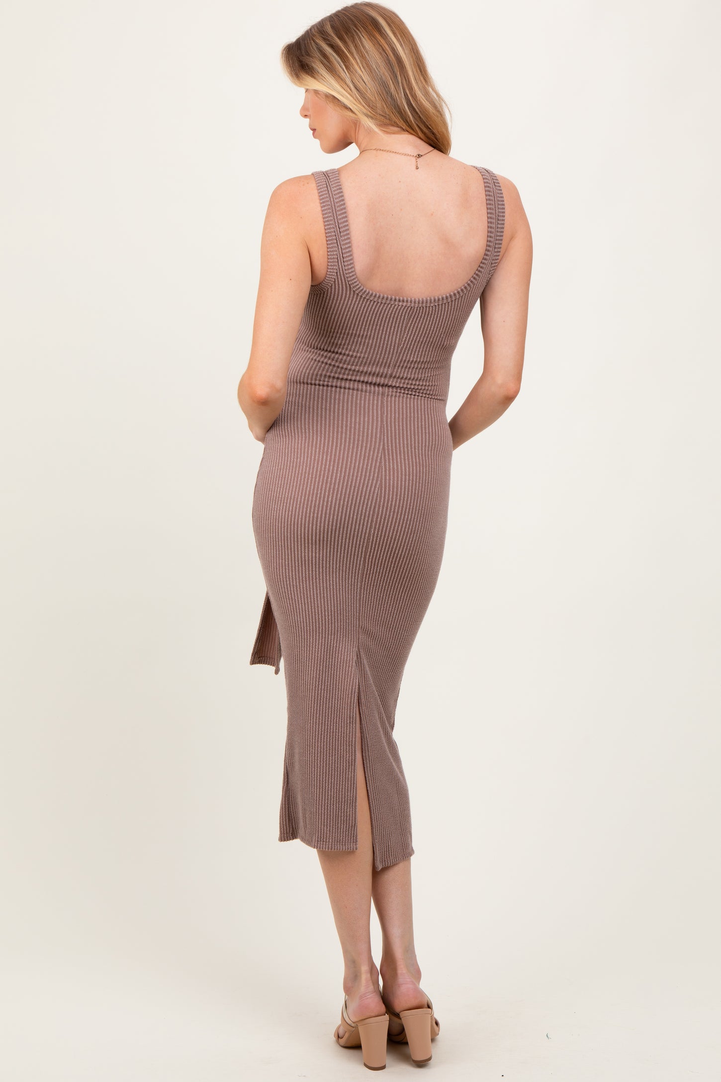 Mocha Ribbed Front Tie Sleeveless Maternity Midi Dress