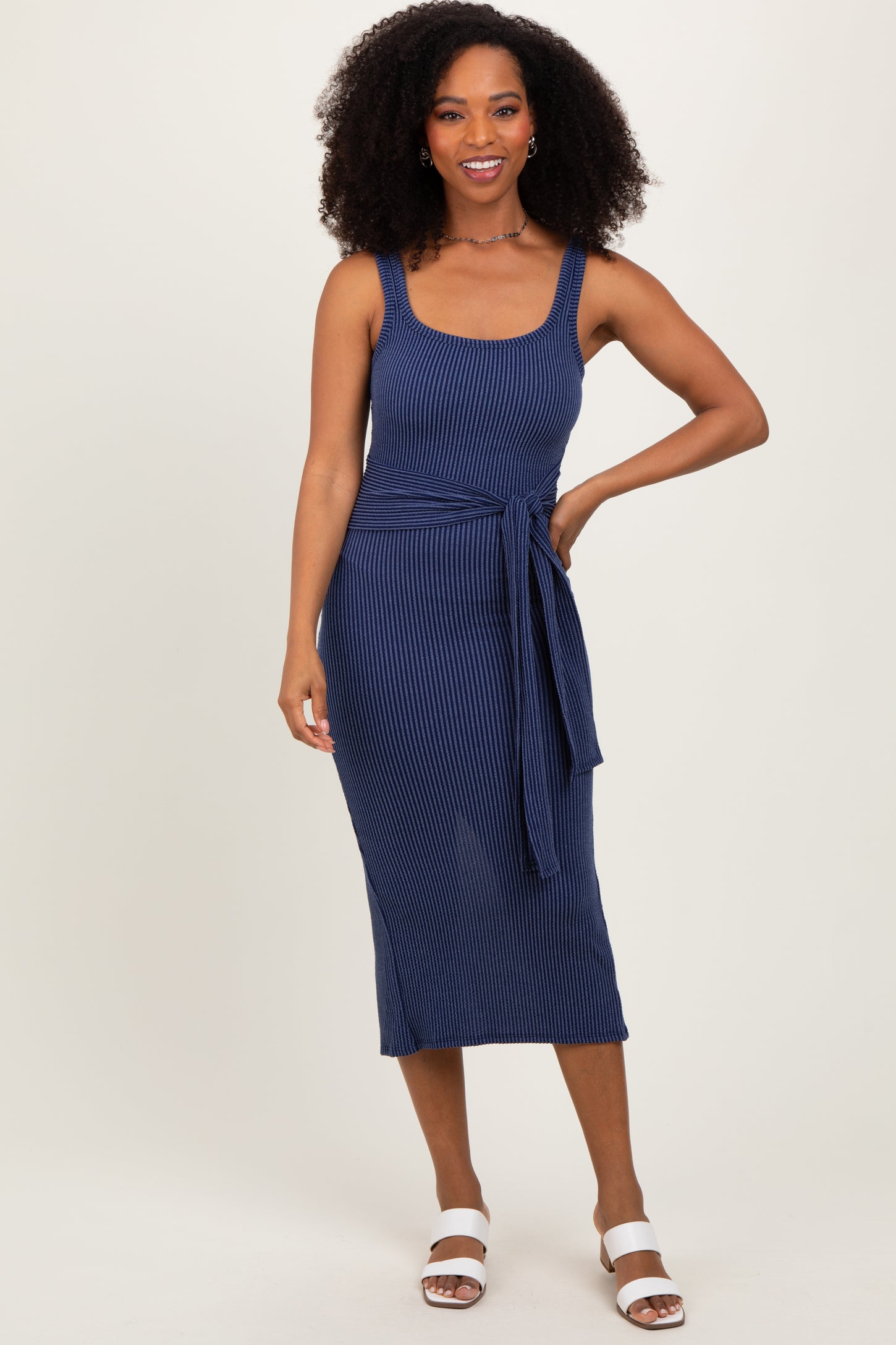 Navy Ribbed Front Tie Sleeveless Maternity Midi Dress