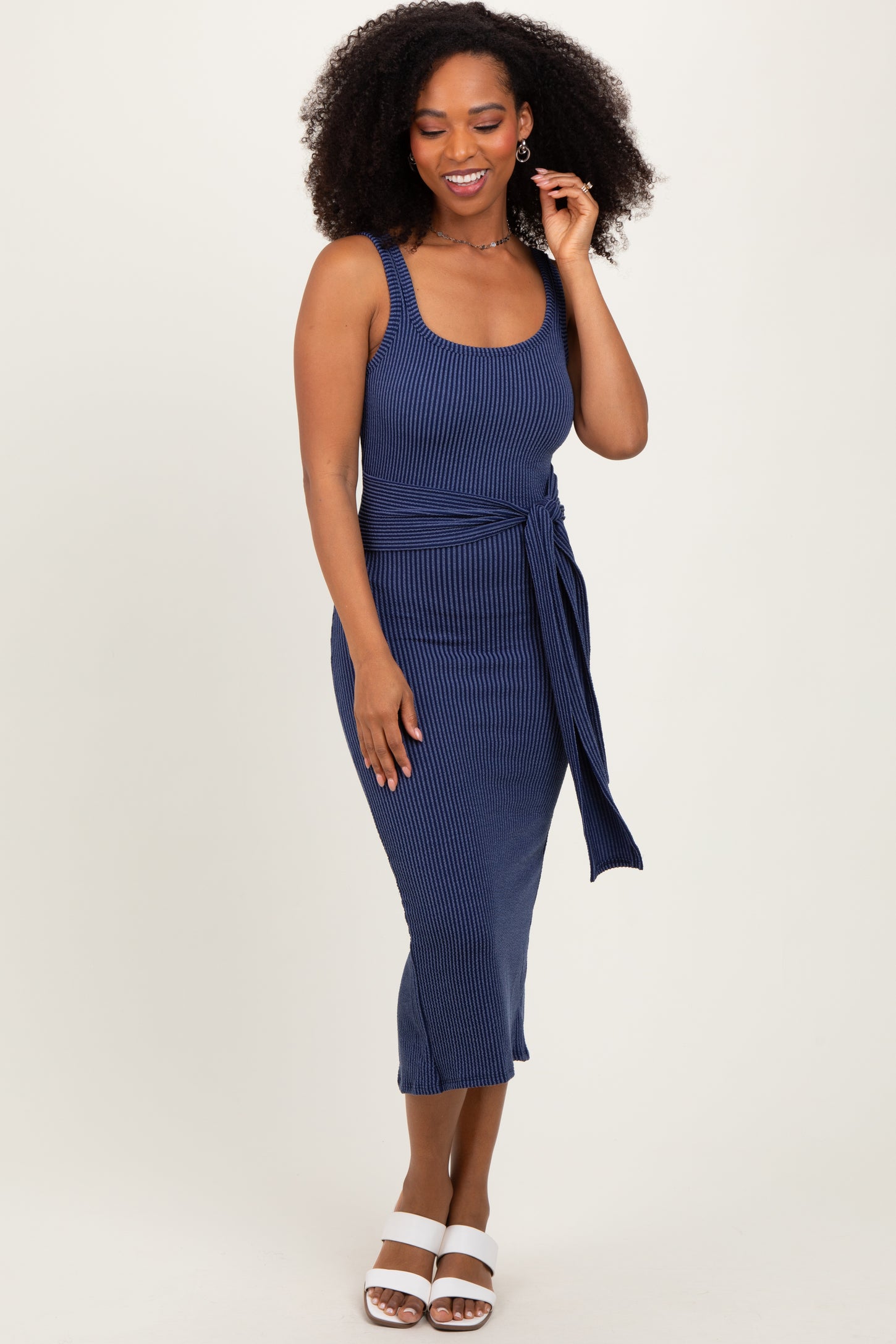 Navy Ribbed Front Tie Sleeveless Midi Dress