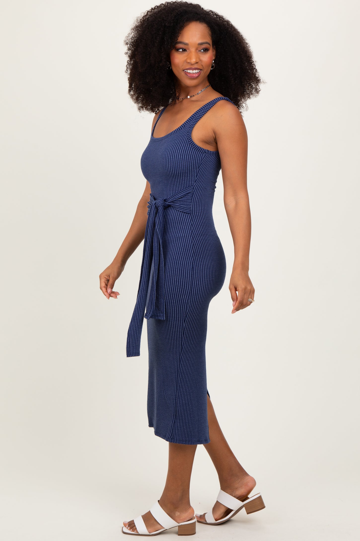Navy Ribbed Front Tie Sleeveless Midi Dress