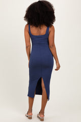 Navy Ribbed Front Tie Sleeveless Midi Dress