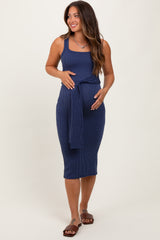 Navy Ribbed Front Tie Sleeveless Maternity Midi Dress