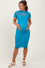 Turquoise Mesh Overlay Mock Neck Short Sleeve Maternity Midi Dress