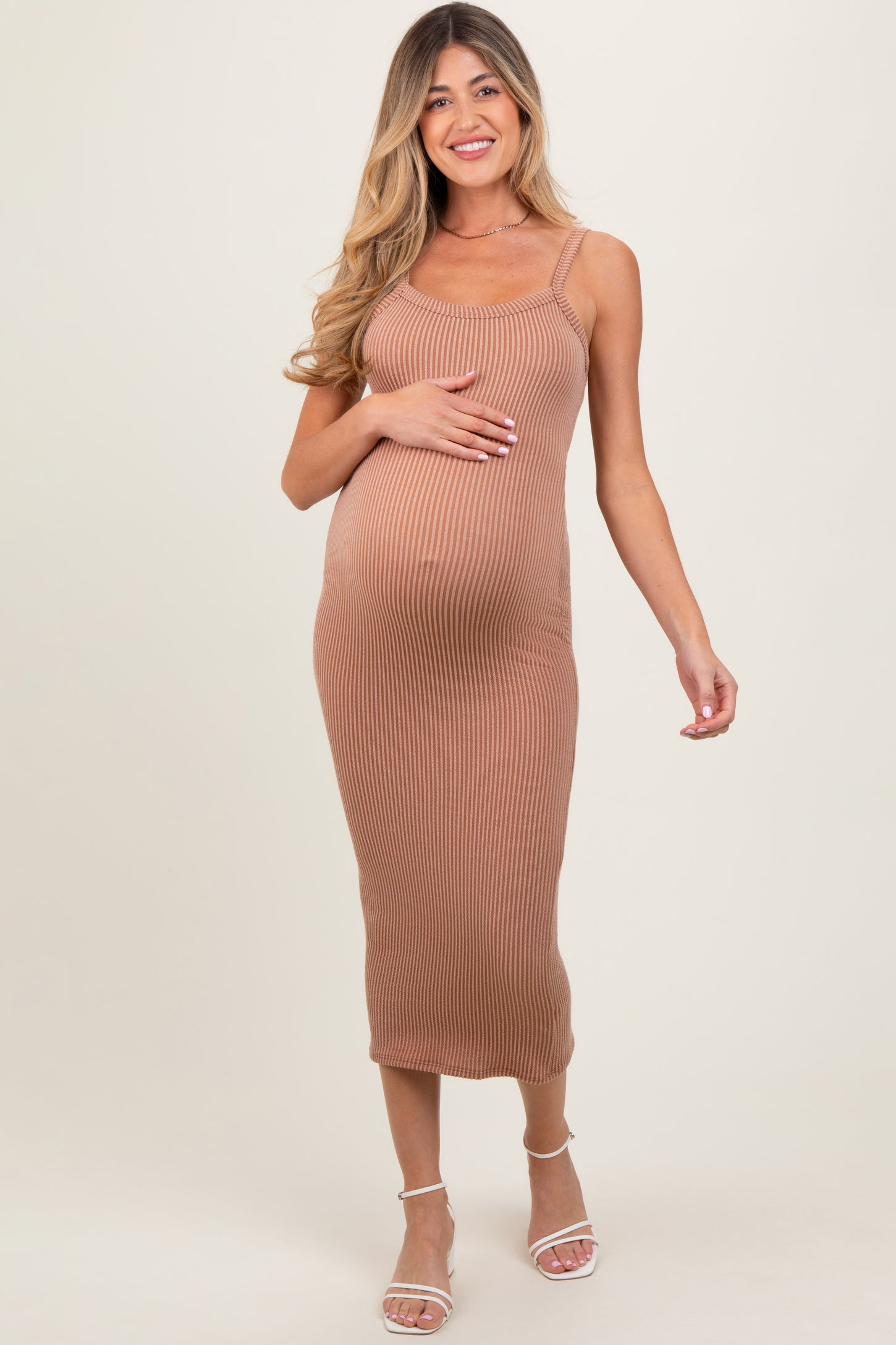 Taupe Ribbed Cami Maternity Midi Dress