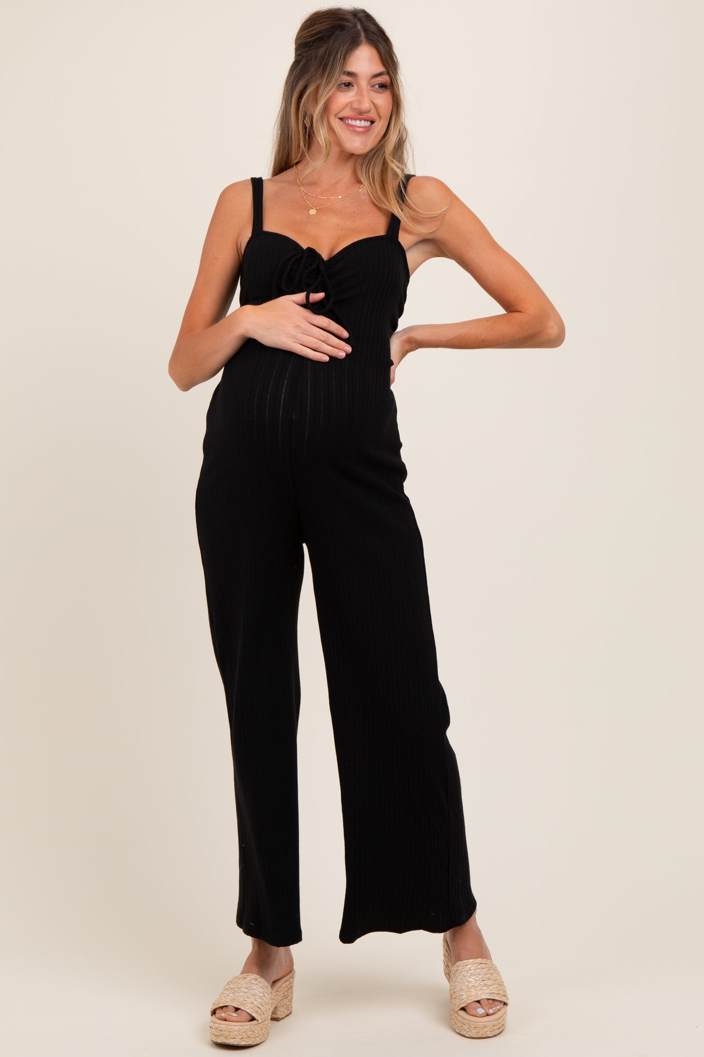 Black Ribbed Cinched Front Maternity Jumpsuit