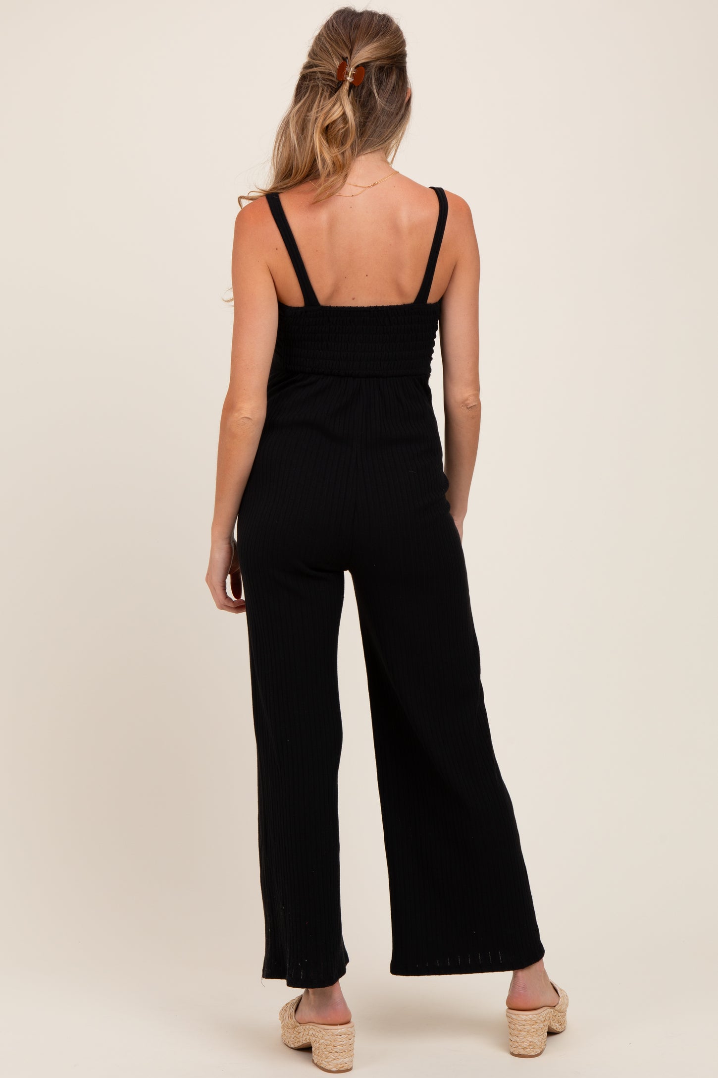 Black Ribbed Cinched Front Maternity Jumpsuit