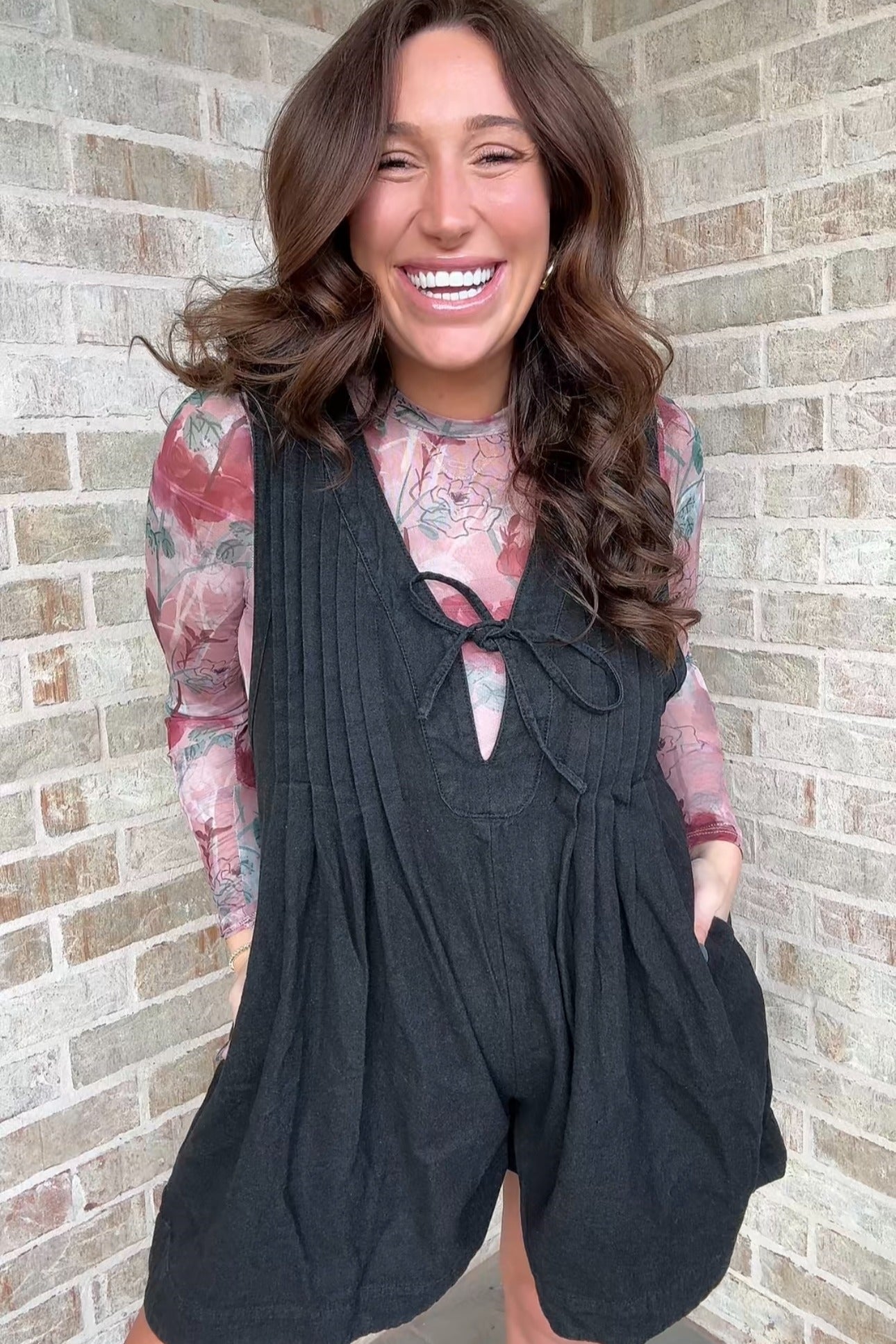 Black Deep V-Neck Pleated Front Tie Sleeveless Maternity Romper