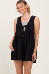 Black Deep V-Neck Pleated Front Tie Sleeveless Romper