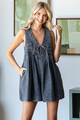 Charcoal Deep V-Neck Pleated Front Tie Sleeveless Maternity Romper