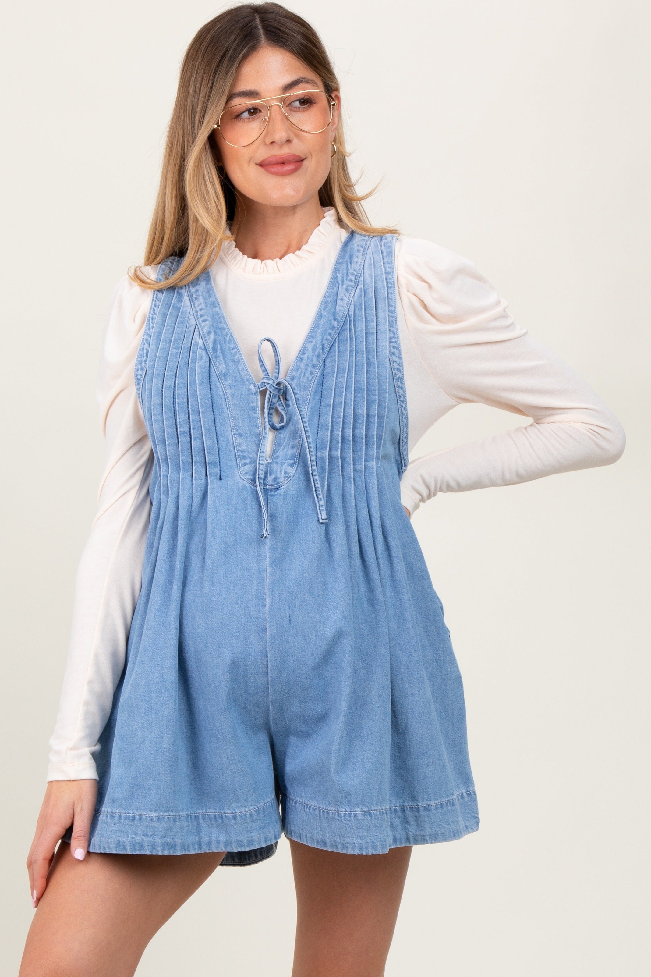 Light Blue Deep V-Neck Pleated Front Tie Sleeveless Maternity