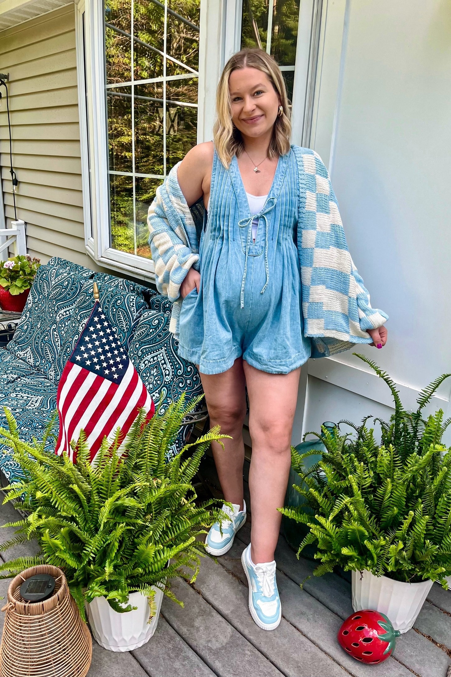 Light Blue Deep V-Neck Pleated Front Tie Sleeveless Maternity Romper