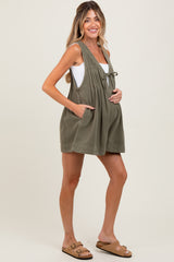 Olive Deep V-Neck Pleated Front Tie Sleeveless Maternity Romper
