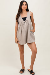 Beige Deep V-Neck Pleated Front Tie Sleeveless Romper