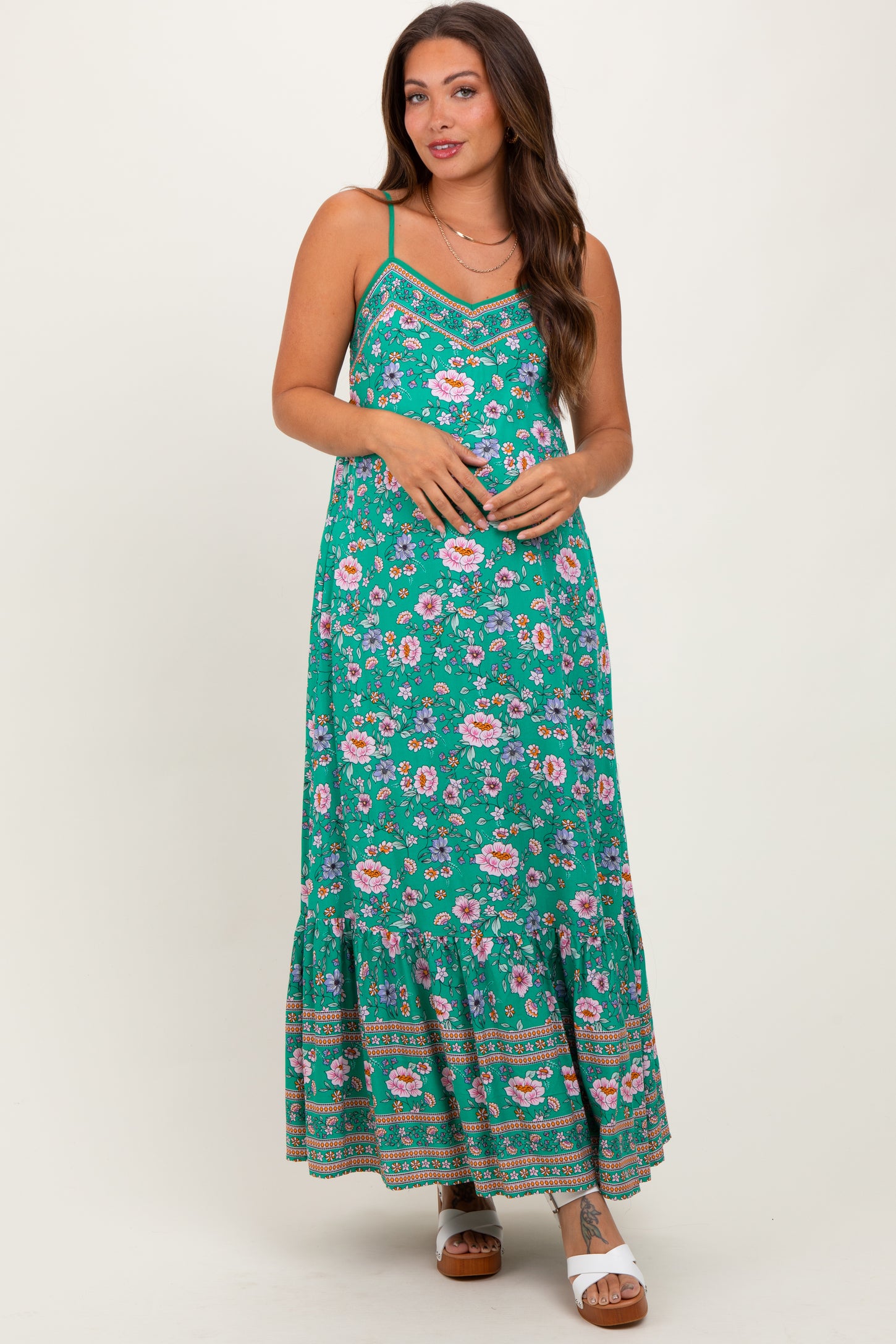green floral maternity dress Green Floral Tie Back Maternity Maxi Dress