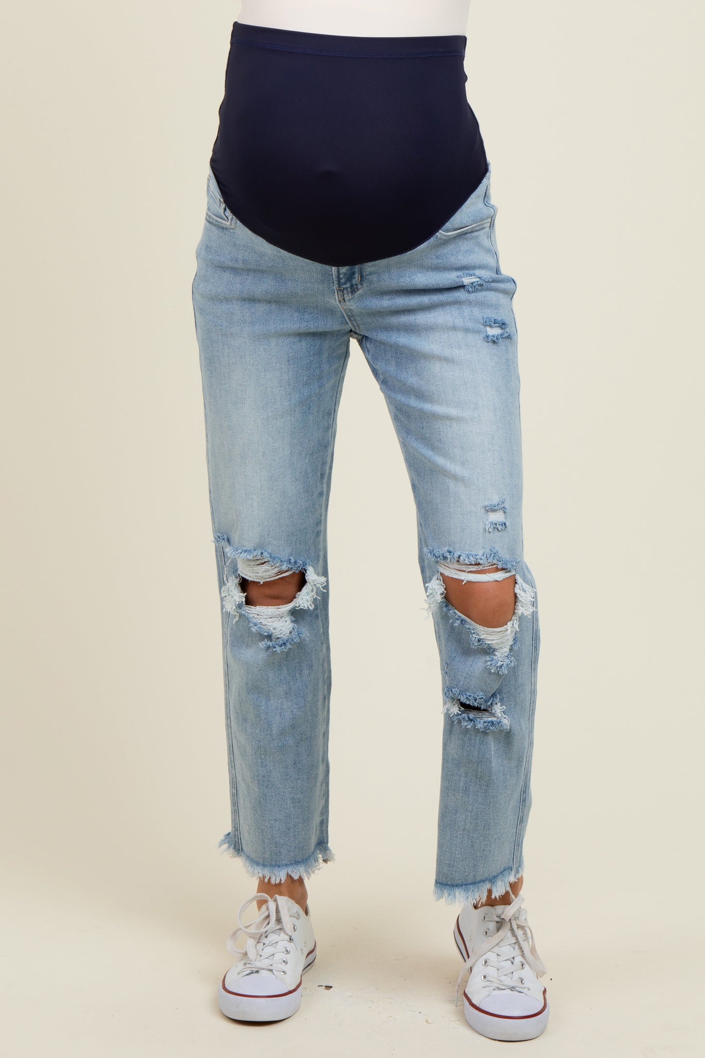 Light Blue Ripped Knee Fringe Hem Straight Leg Maternity Ankle Jeans