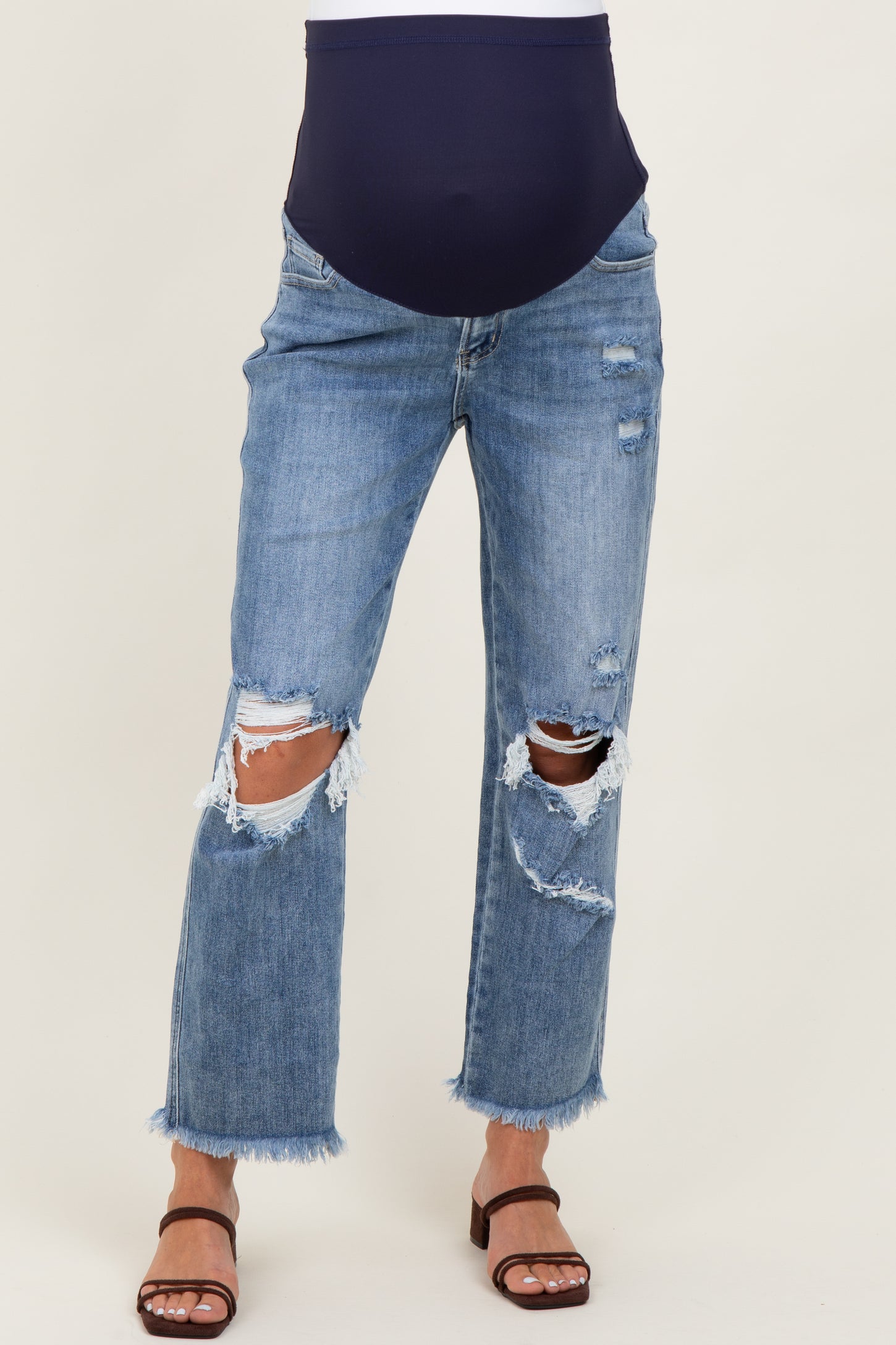 Blue Ripped Knee Fringe Hem Straight Leg Maternity Ankle Jeans