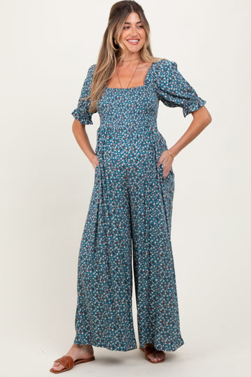 Teal Floral Smocked Puff Sleeve Maternity Jumpsuit