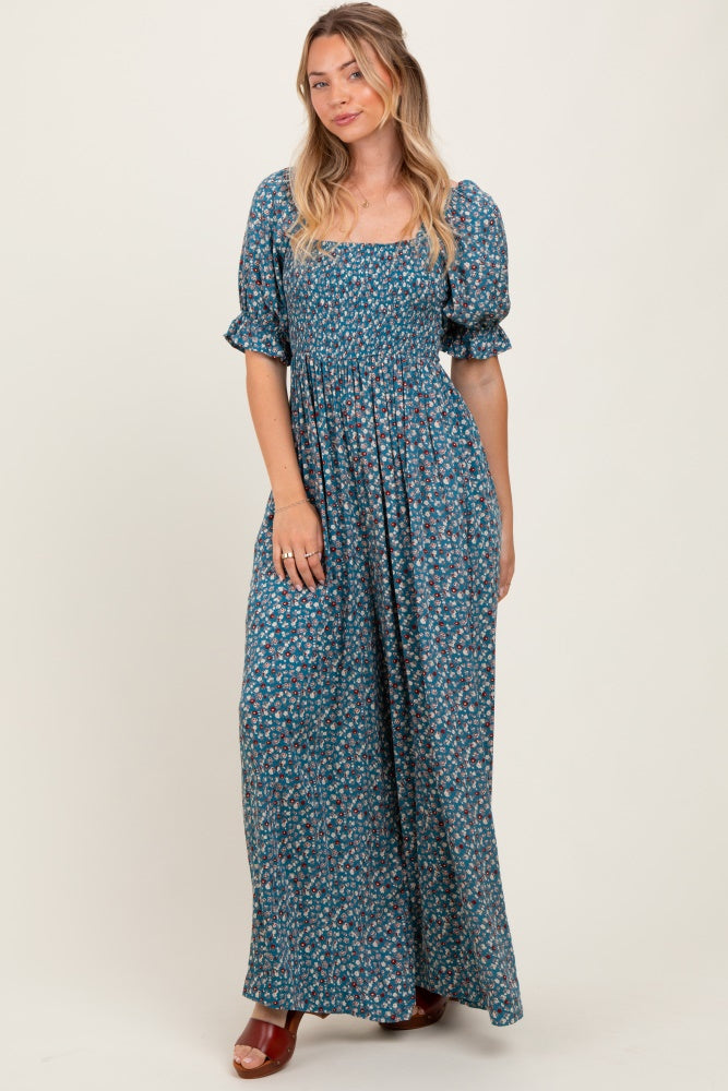 Teal Floral Smocked Puff Sleeve Jumpsuit