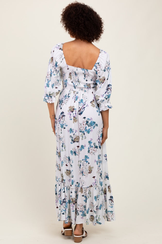 White Floral Sweetheart Puff Sleeve Maxi Dress