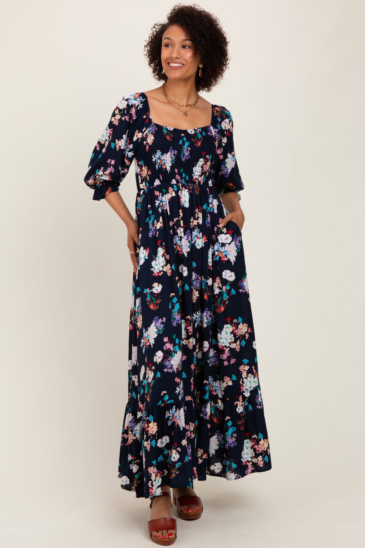Navy Floral Sweetheart Puff Sleeve Maternity Maxi Dress