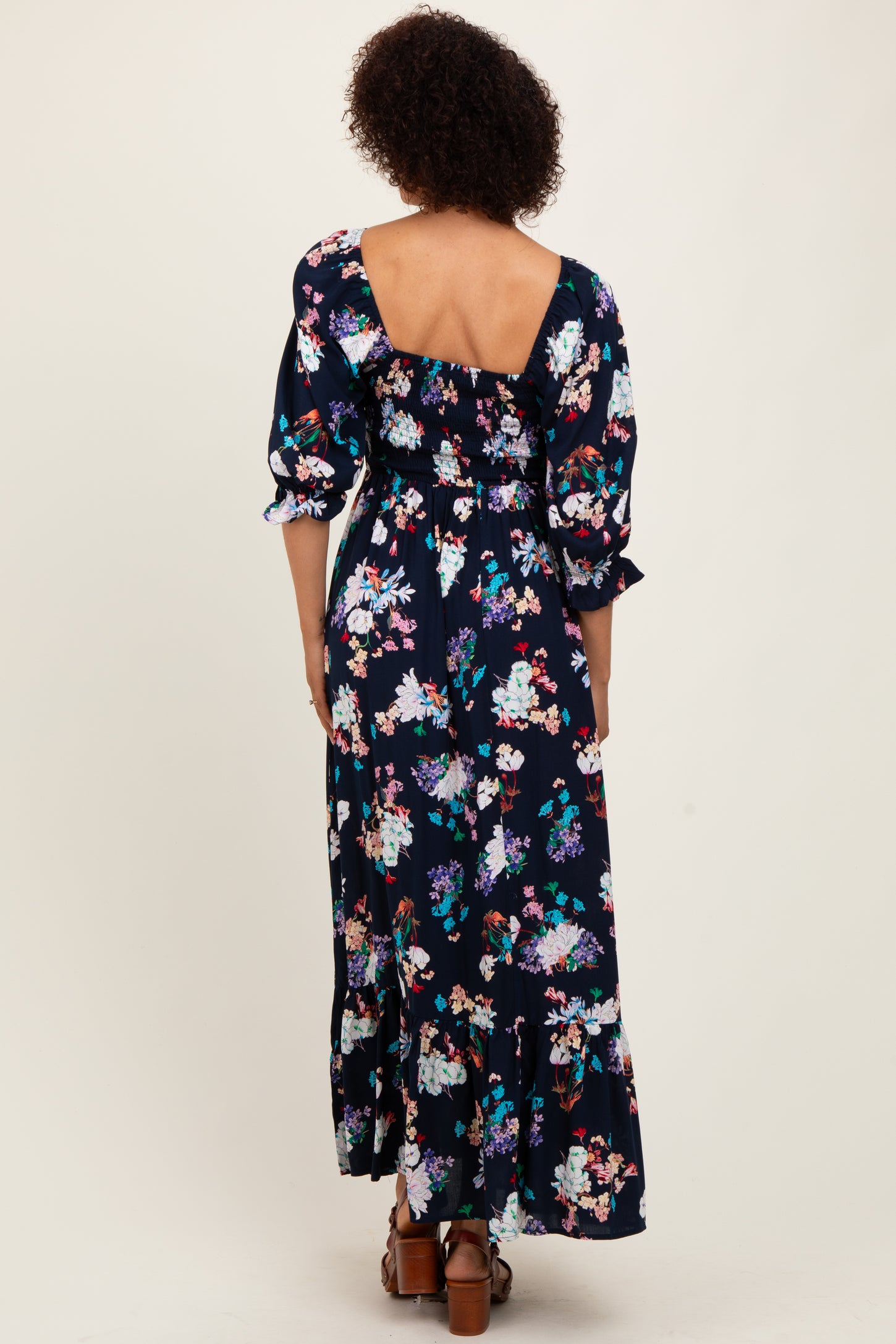 Navy Floral Sweetheart Puff Sleeve Maxi Dress