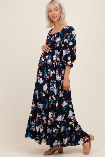 Navy Floral Sweetheart Puff Sleeve Maternity Maxi Dress