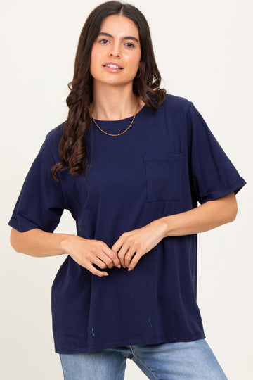 Navy Oversized Pocket Front Short Sleeve Top