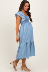 Light Blue Chambray Smocked Flutter Sleeve Maternity Dress