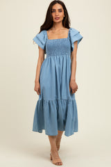 Light Blue Chambray Smocked Flutter Sleeve Maternity Dress