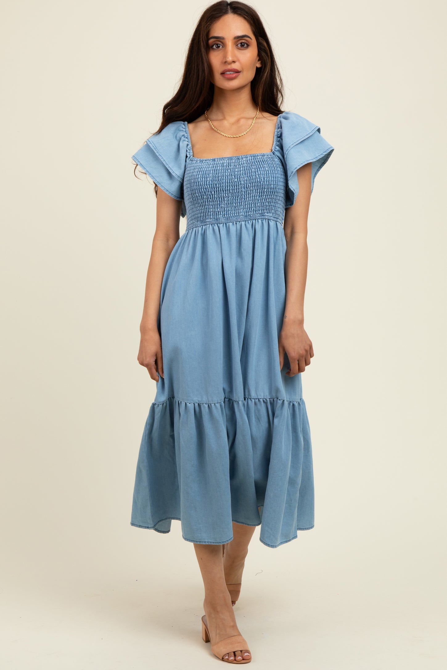 Light Blue Chambray Smocked Flutter Sleeve Maternity Dress