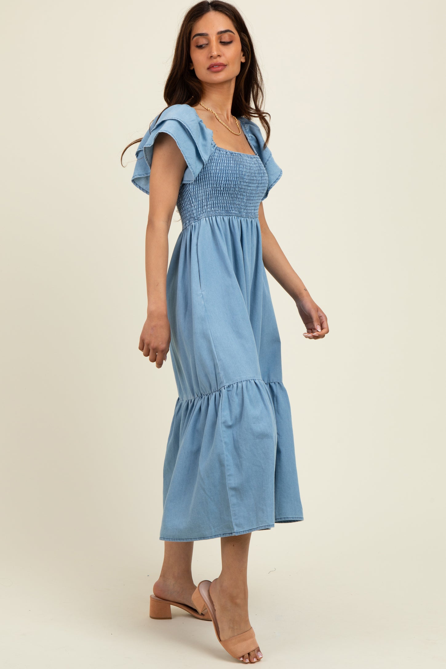 Light Blue Chambray Smocked Flutter Sleeve Dress